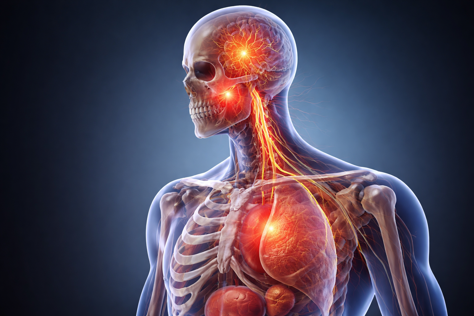 3D-медична ілюстрація скелета та м’язів людини з акцентом на скронево-нижньощелепний суглоб і нервові шляхи, демонструючи вплив психосоматичного стресу.