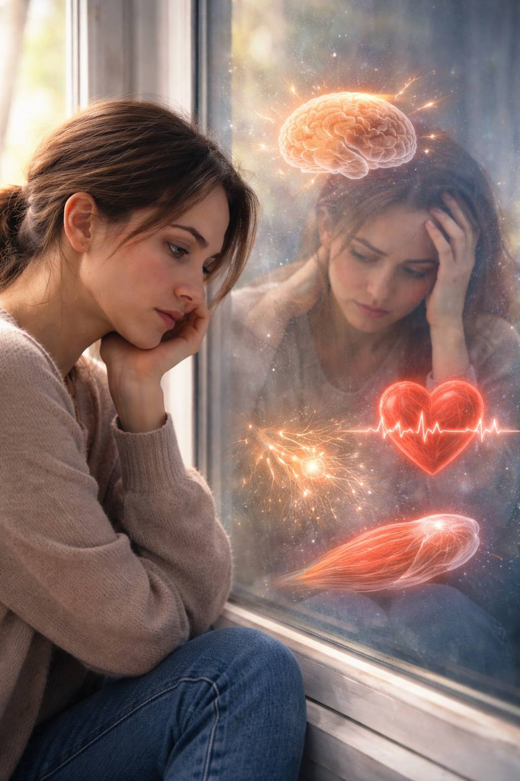 Sad girl seeing herself with internal organs in the reflection